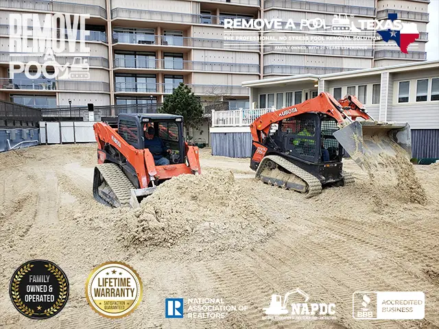 Step 16 - Spreading topsoil across the filled commercial pool area - Remove A Pool Dallas Fort-Worth Texas - Remove A Pool DFW
