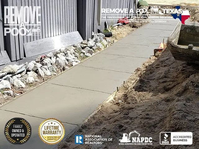 Step 20 - Final walkway repairs before adding topsoil for grass installation - Remove A Pool Dallas Fort-Worth Texas - Remove A Pool DFW