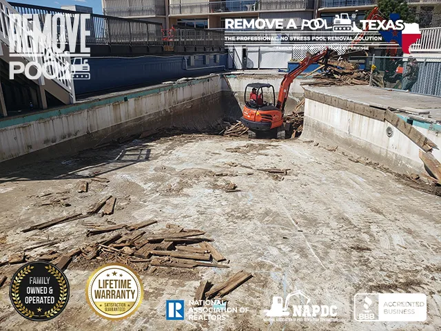 Step 3 - Removing debris from the commercial swimming pool - Remove A Pool Dallas Fort-Worth Texas - Remove A Pool DFW